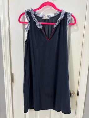 THML Navy Dress with Blue-and-White Striped Ruffle and Pink Accent